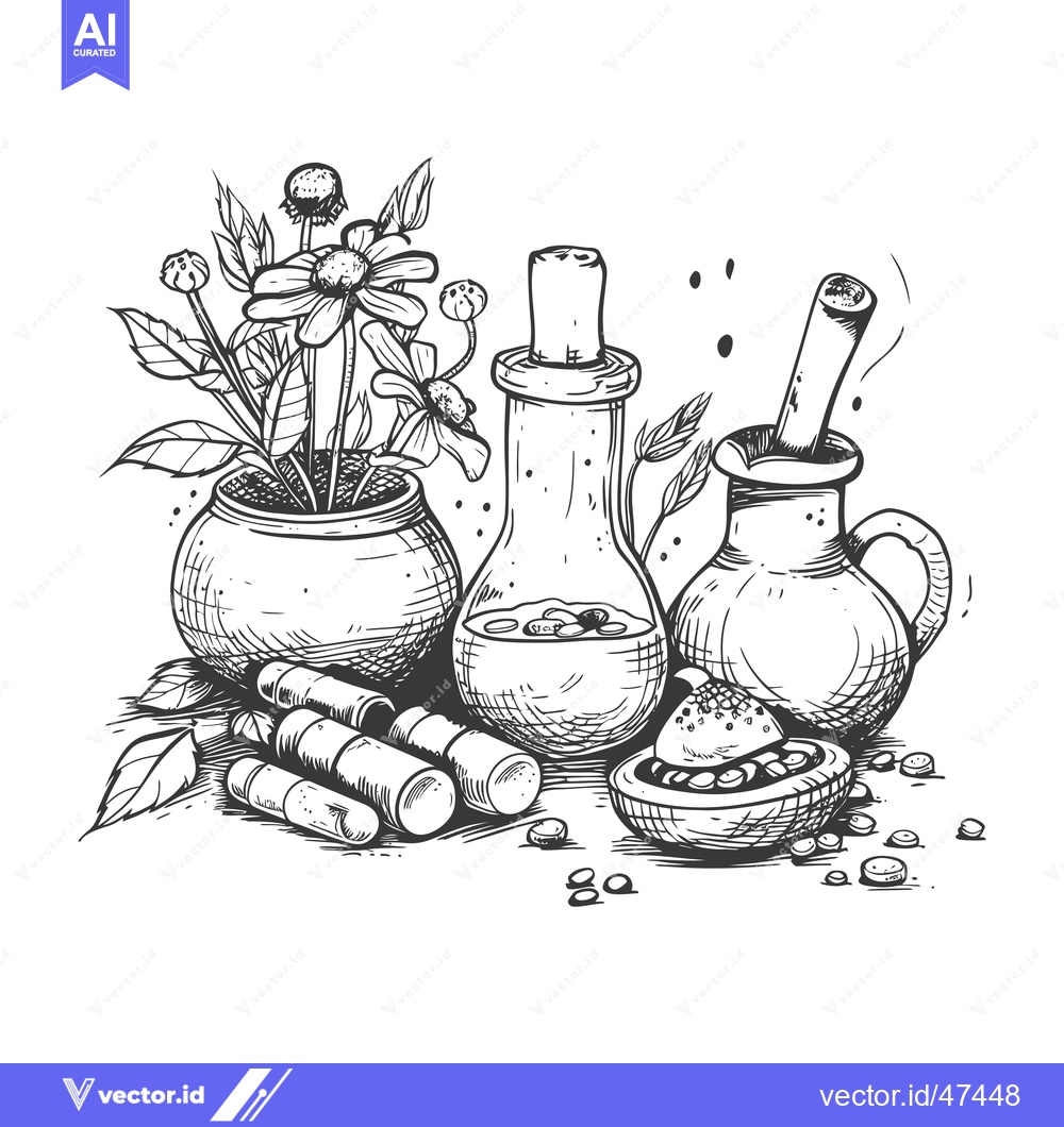 Premium Vector dari Hand-drawn sketch of herbal remedies with flowers, bottles, and pills