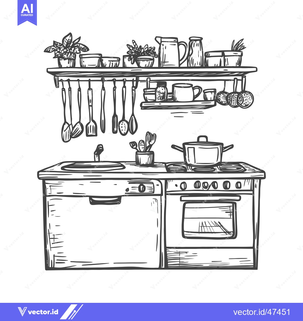 Premium Vector dari Hand-drawn Sketch of a Kitchen Stove, Sink, and Cabinet with Utensils,