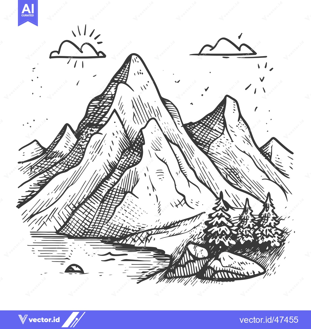Premium Vector dari Hand-Drawn Sketch of Majestic Mountain Range with Lake and Pine Trees