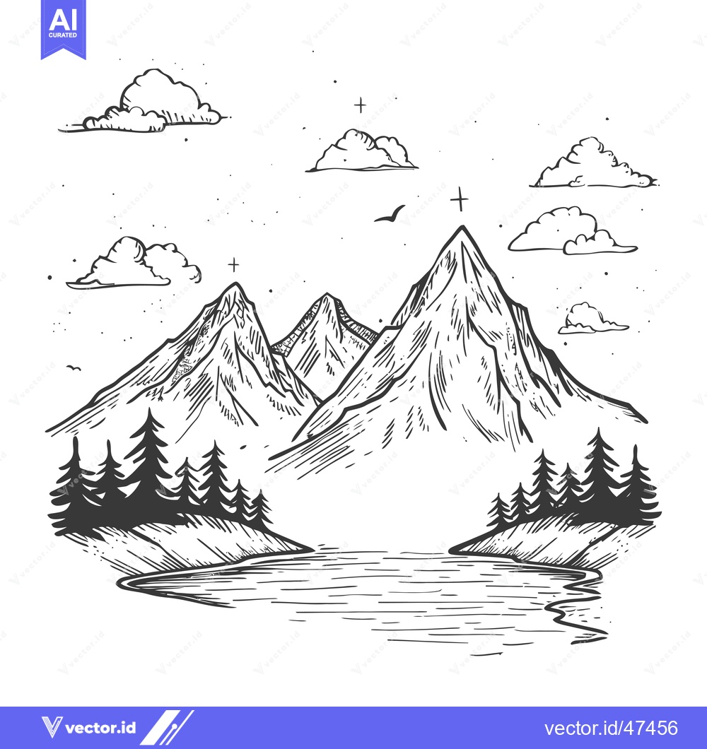 Premium Vector dari Hand-Drawn Sketch of Majestic Mountains, Trees, and a River in a Seren