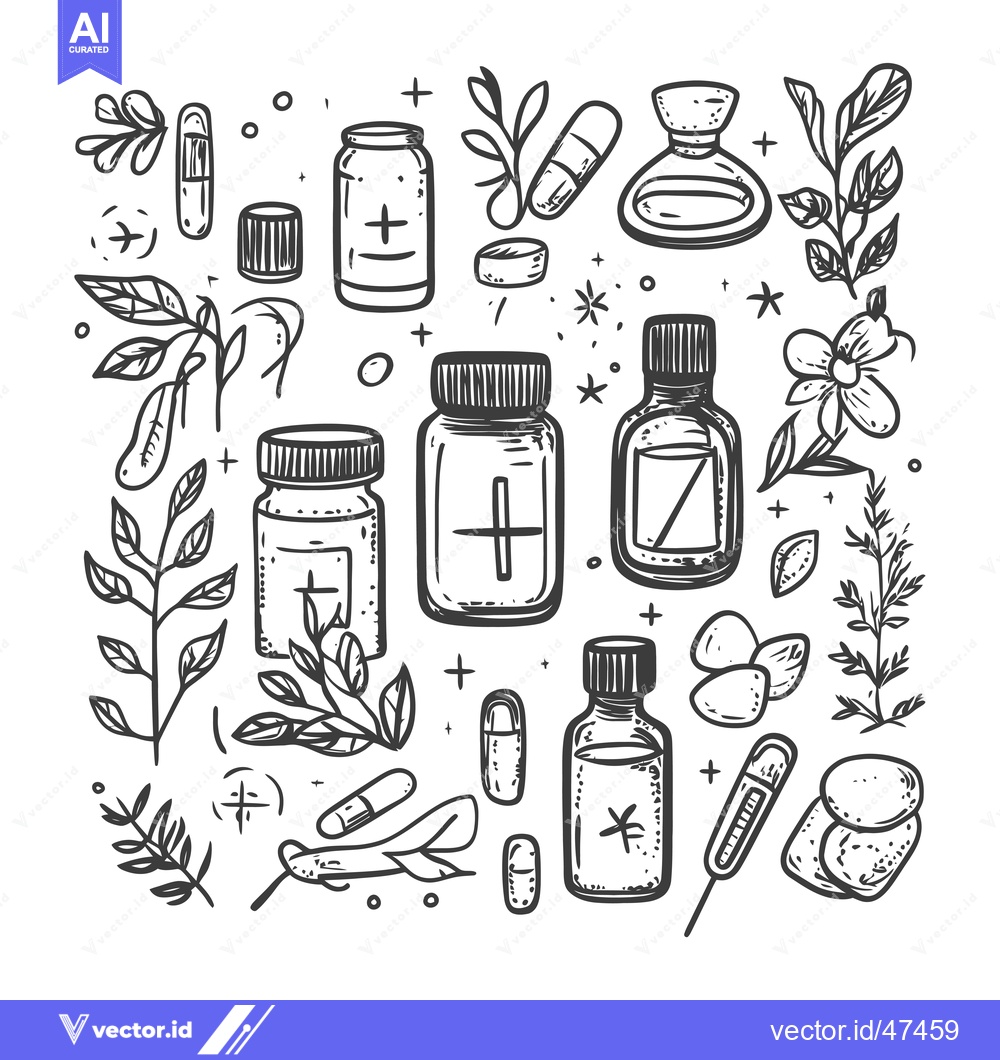 Premium Vector of Hand-Drawn Sketch of Medicinal Herbs, Pills, and Bottles