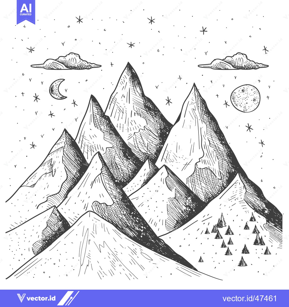 Premium Vector dari Hand-Drawn Sketch of Mountain Range Under a Starry Night Sky