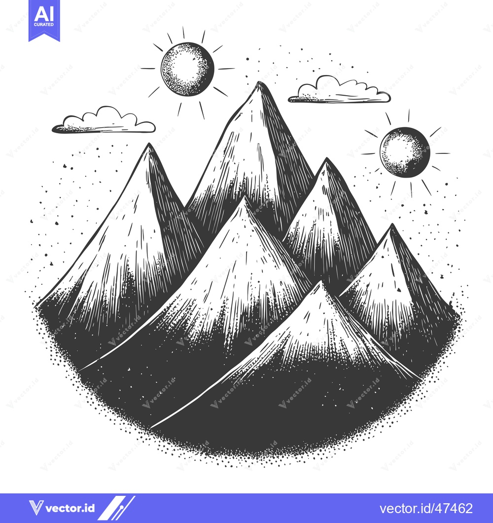 Premium Vector dari Hand-drawn sketch of mountain range with two suns and clouds