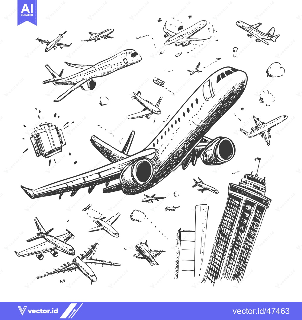 Premium Vector of Hand-drawn sketch of multiple airplanes flying over a city skyline