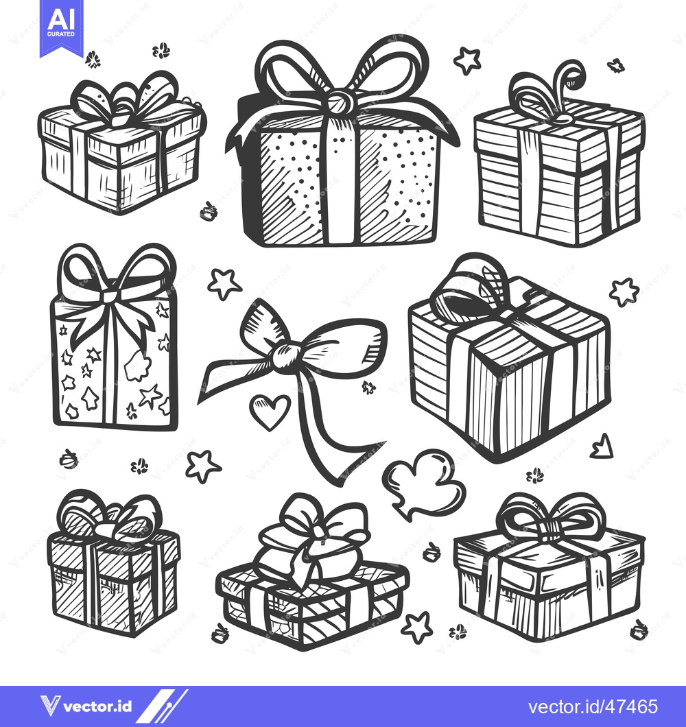 Premium Vector dari Hand-Drawn Sketch of Multiple Gift Boxes with Ribbons and Decorative E