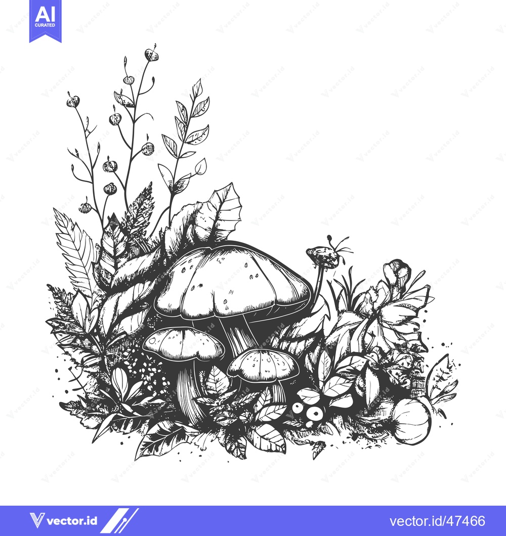 Premium Vector of Hand-Drawn Sketch of Mushrooms and Foliage in Black and White