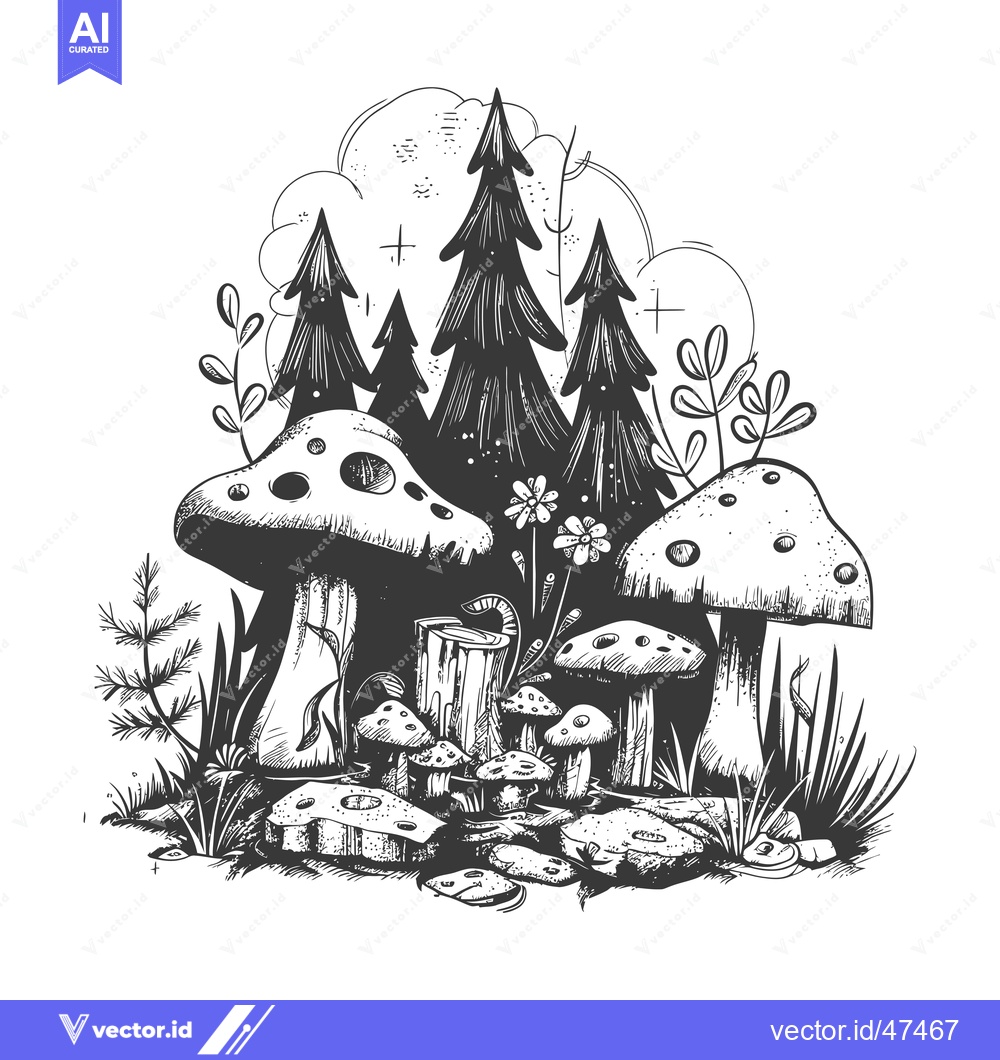 Premium Vector of Hand-Drawn Sketch of Mushrooms and Trees in a Forest Setting
