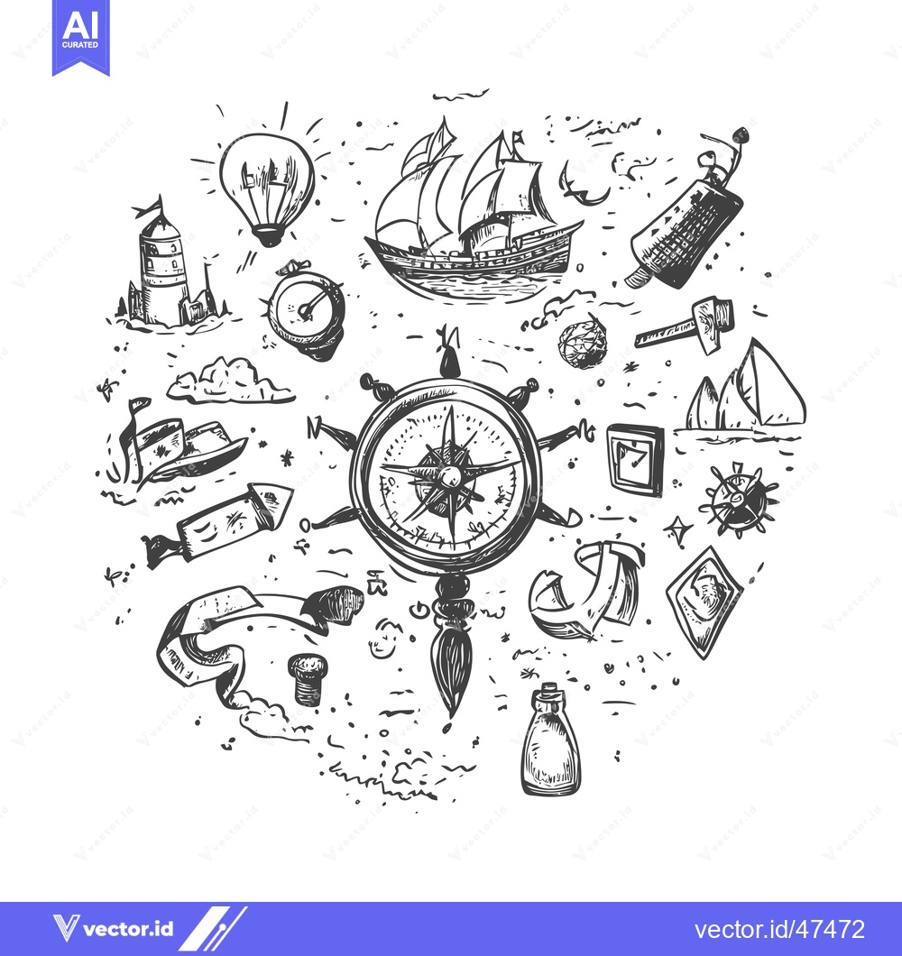 Premium Vector of Hand-Drawn Sketch of Nautical Elements with a Compass at the Center