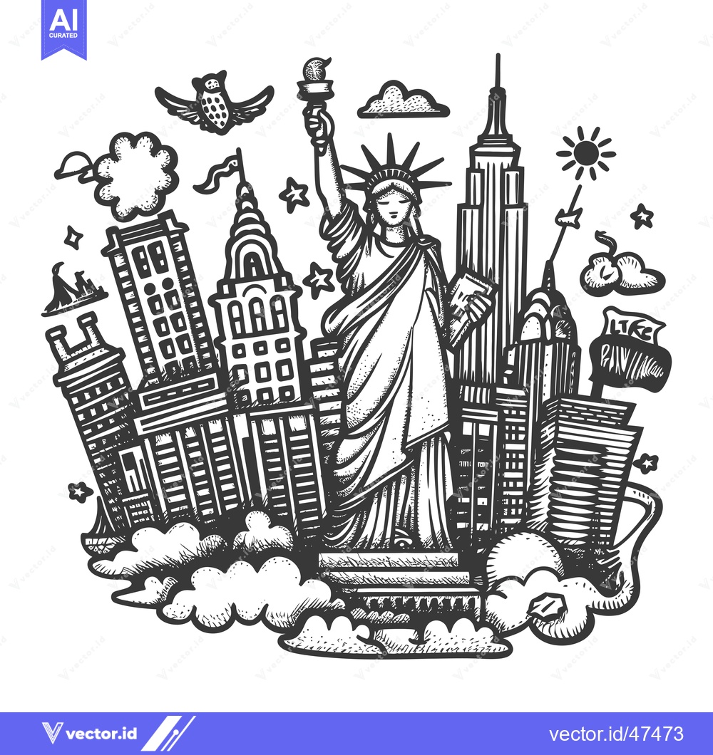 Premium Vector dari Hand Drawn Sketch of New York City Skyline with the Statue of Liberty