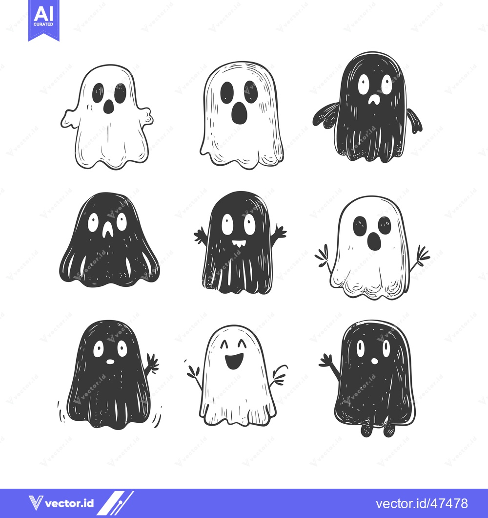 Premium Vector of Hand-drawn Sketch of Nine Ghosts with Different Expressions