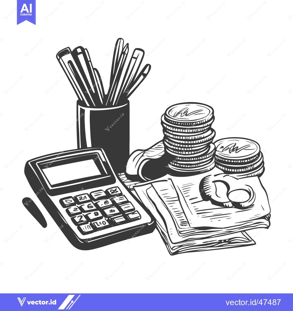 Premium Vector dari Hand-drawn Sketch of Office Supplies and Coins