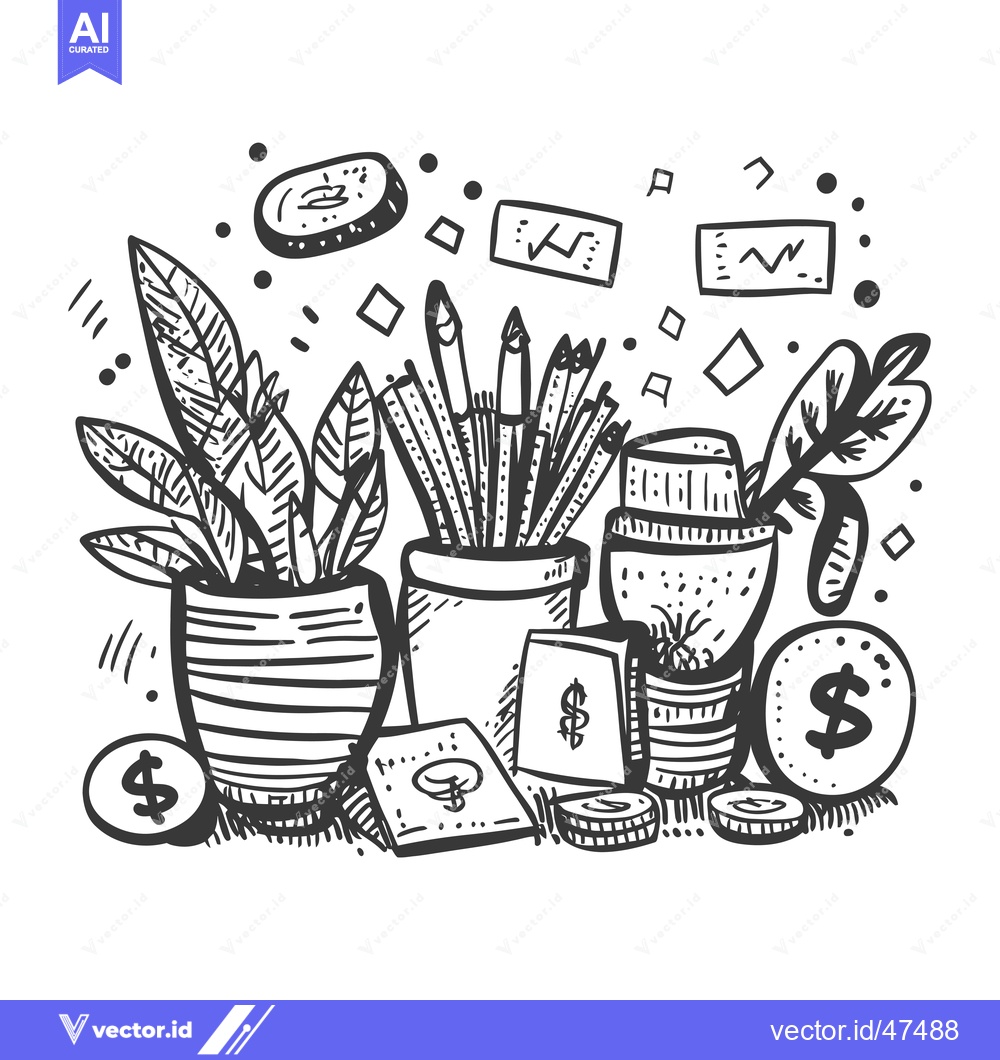 Premium Vector of Hand-drawn Sketch of Office Supplies and Money with Plants
