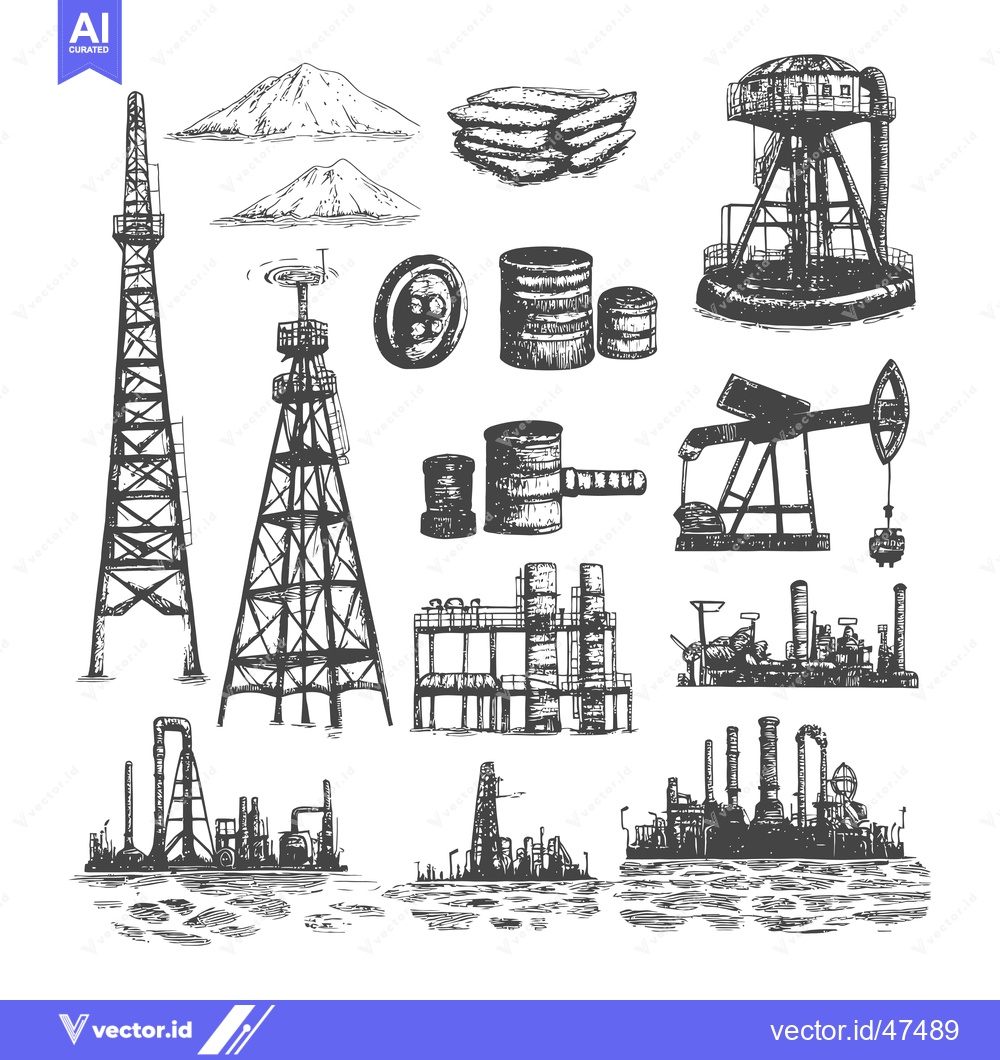 Premium Vector dari Hand-Drawn Sketch of Oil Industry Equipment and Structures