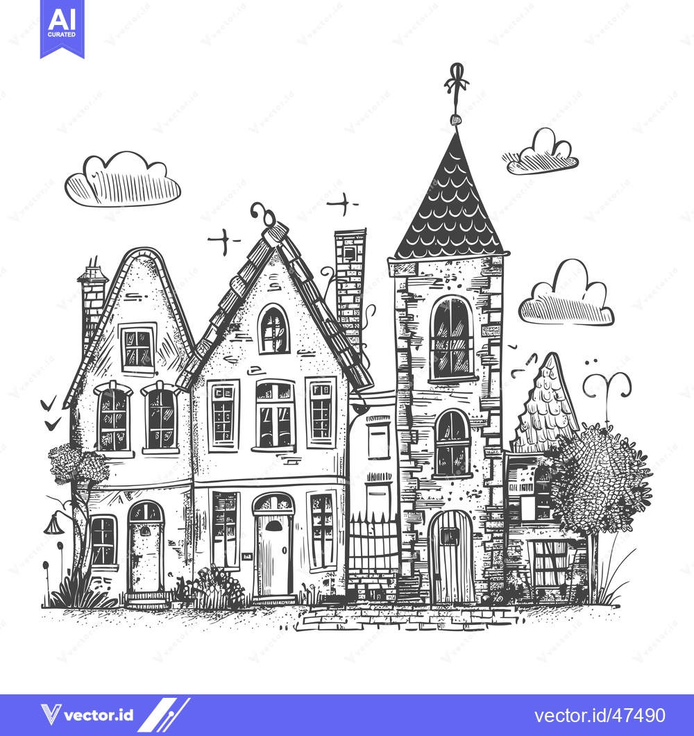 Premium Vector dari Hand-Drawn Sketch of Old Brick Buildings with a Tower and Clouds