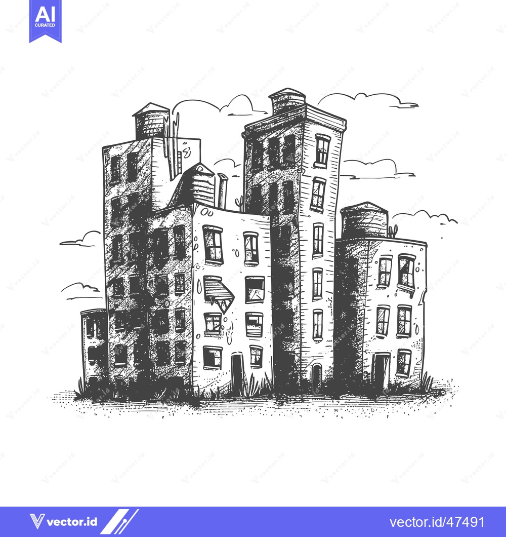 Premium Vector dari Hand-drawn Sketch of Old Buildings with Windows and Cloudy Sky