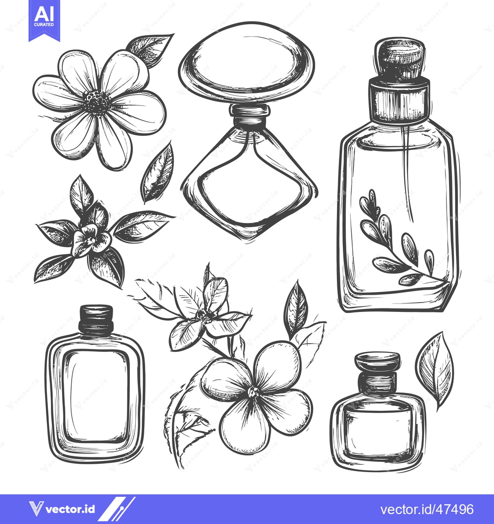 Premium Vector of Hand-Drawn Sketch of Perfume Bottles and Flowers