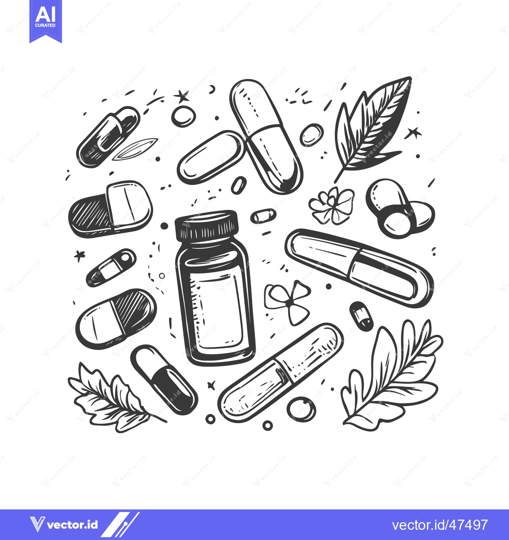 Premium Vector of Hand-Drawn Sketch of Pills, Bottle, and Leaves