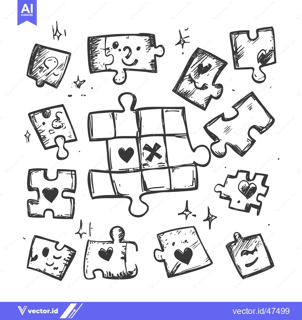 Premium Vector dari Hand-drawn sketch of puzzle pieces with hearts and smiley faces