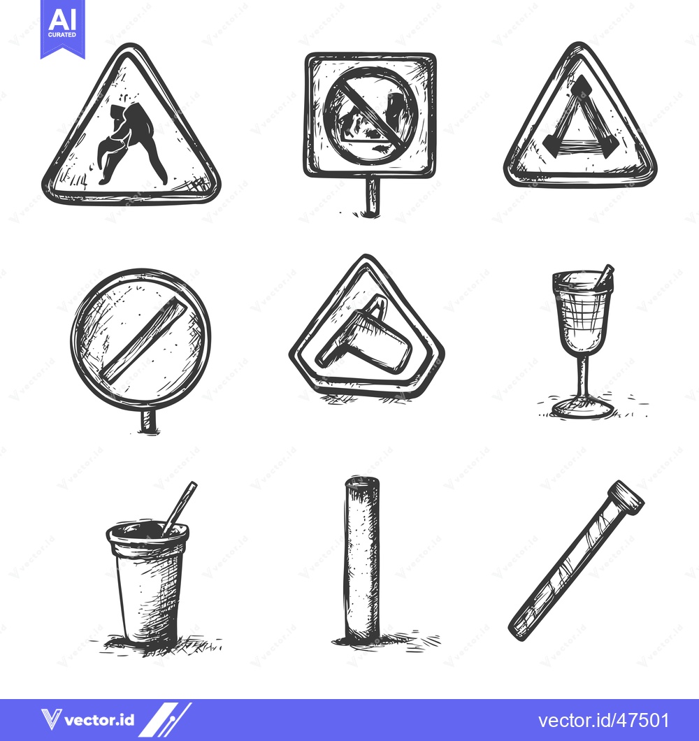 Premium Vector dari Hand-Drawn Sketch of Road Signs, Drinks, and Objects
