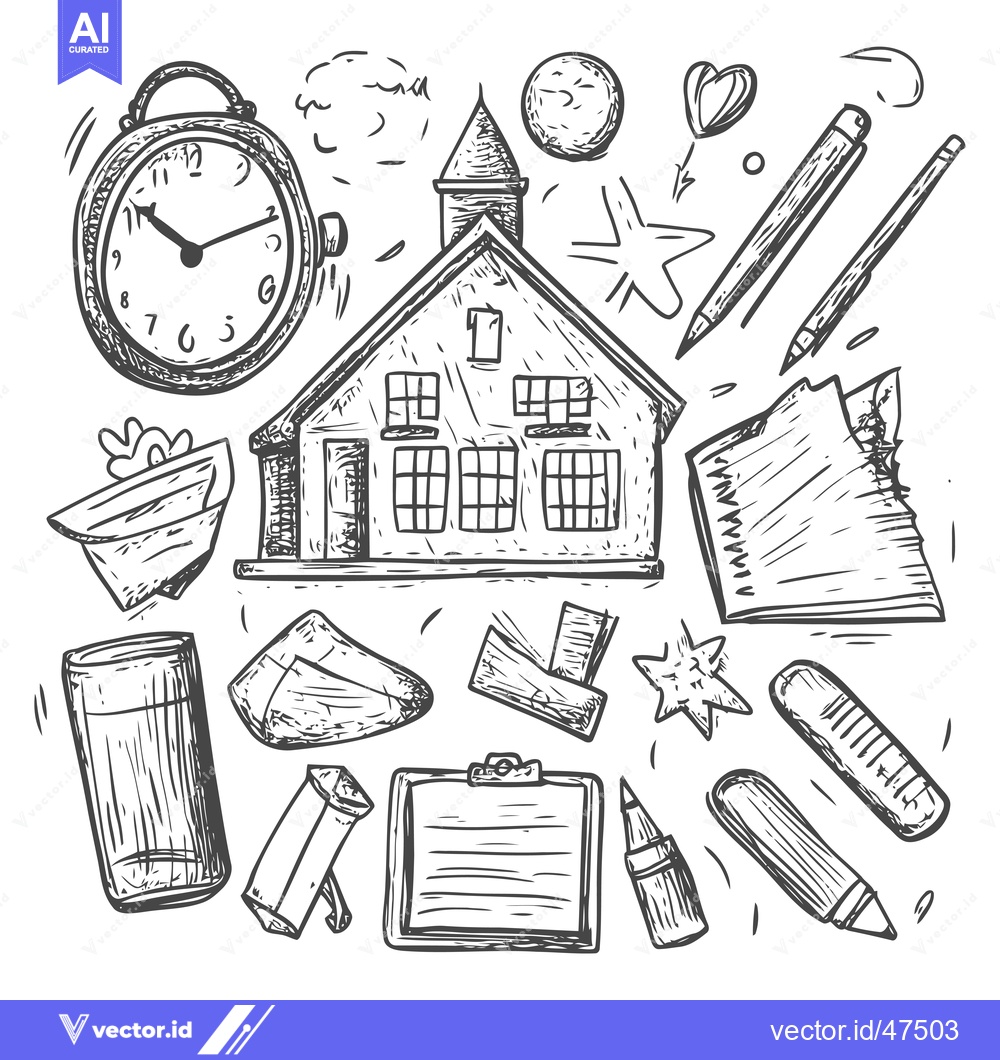 Premium Vector of Hand-Drawn Sketch of School Supplies and a Schoolhouse