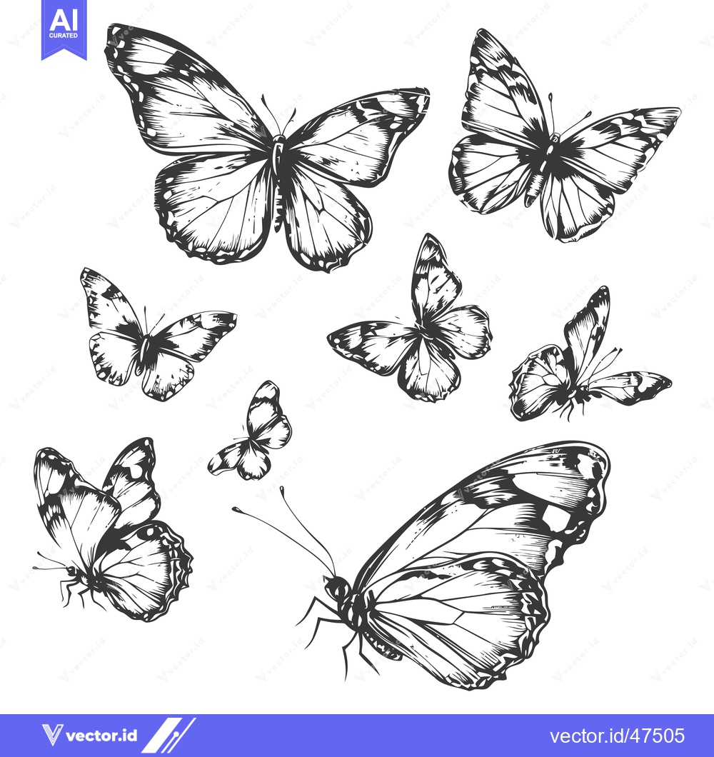 Premium Vector of Hand-Drawn Sketch of Seven Black and White Butterflies