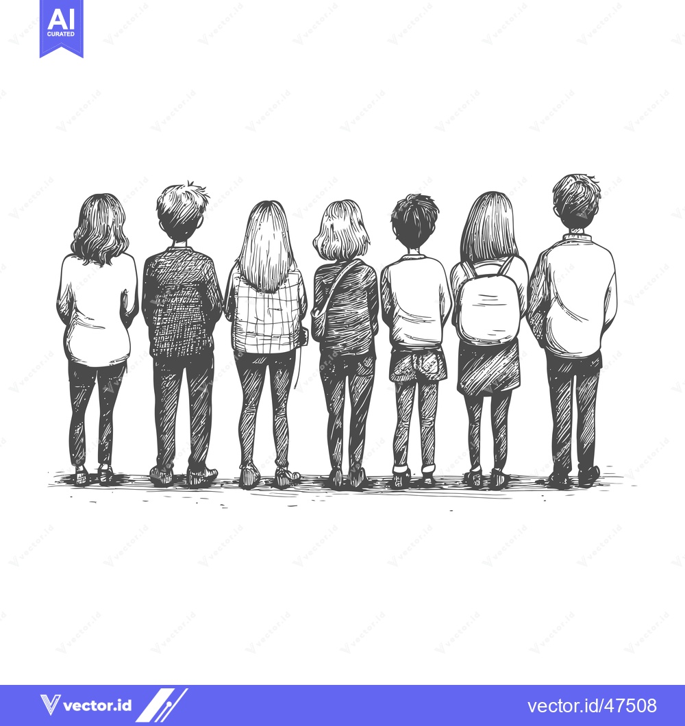 Premium Vector dari Hand-drawn sketch of seven people standing in a row with their backs t