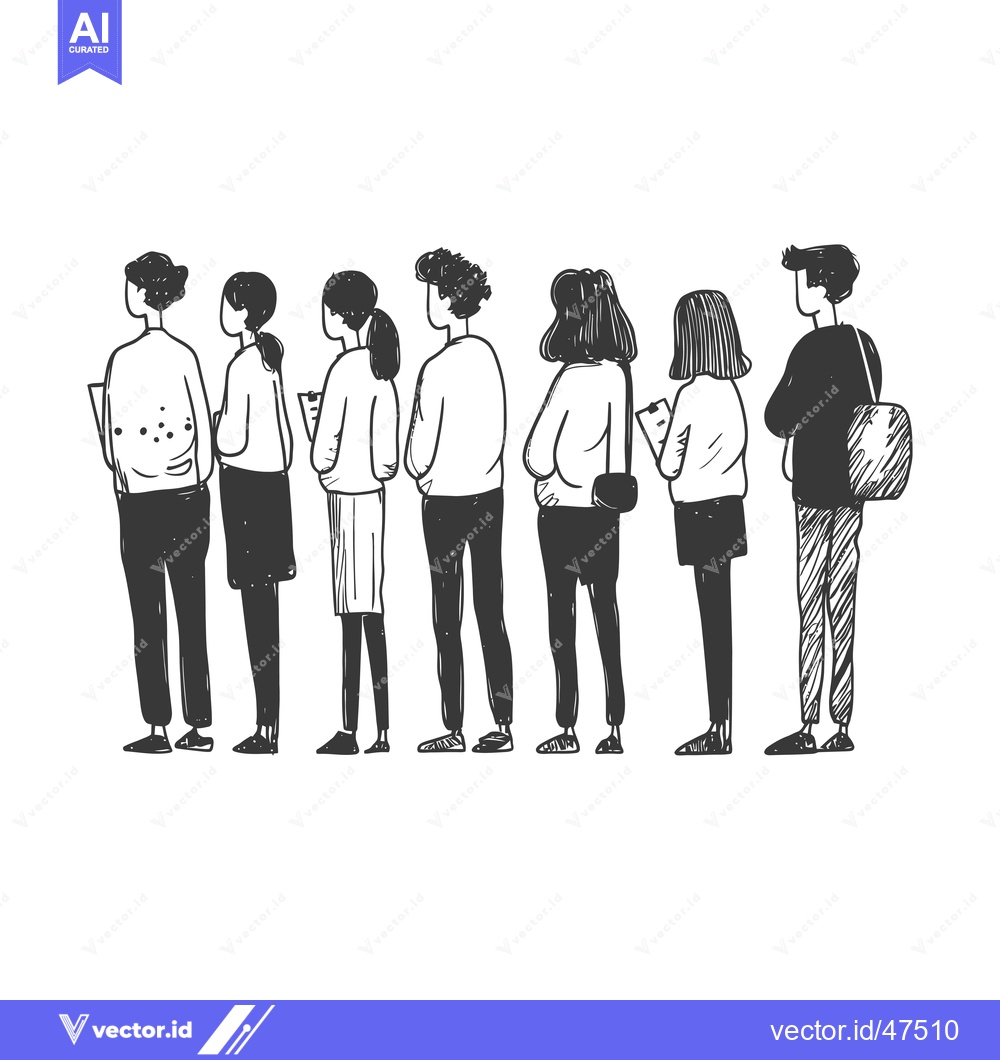 Premium Vector of Hand-drawn sketch of seven people standing in line, facing away from t