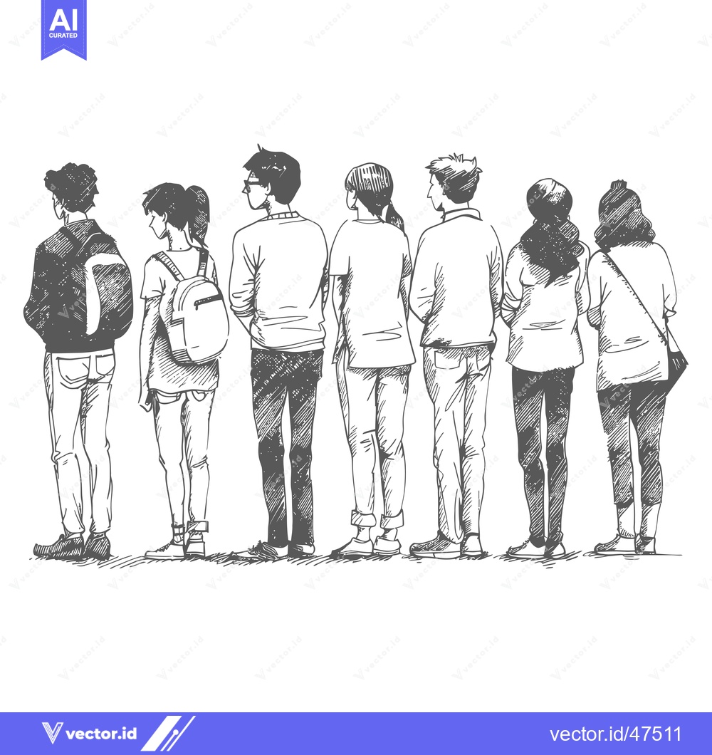 Premium Vector of Hand-drawn Sketch of Seven People Walking from Behind