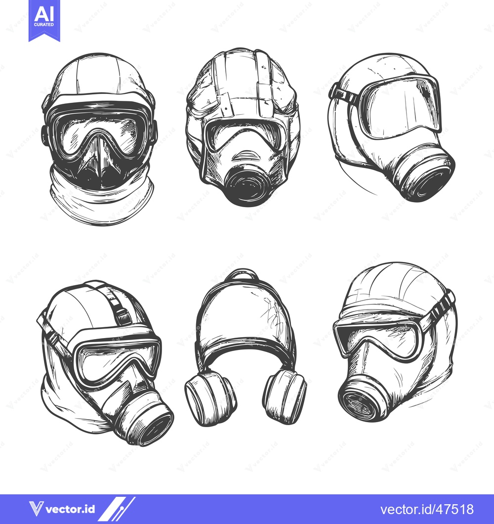 Premium Vector of Hand-Drawn Sketch of Six Gas Masks in Different Perspectives