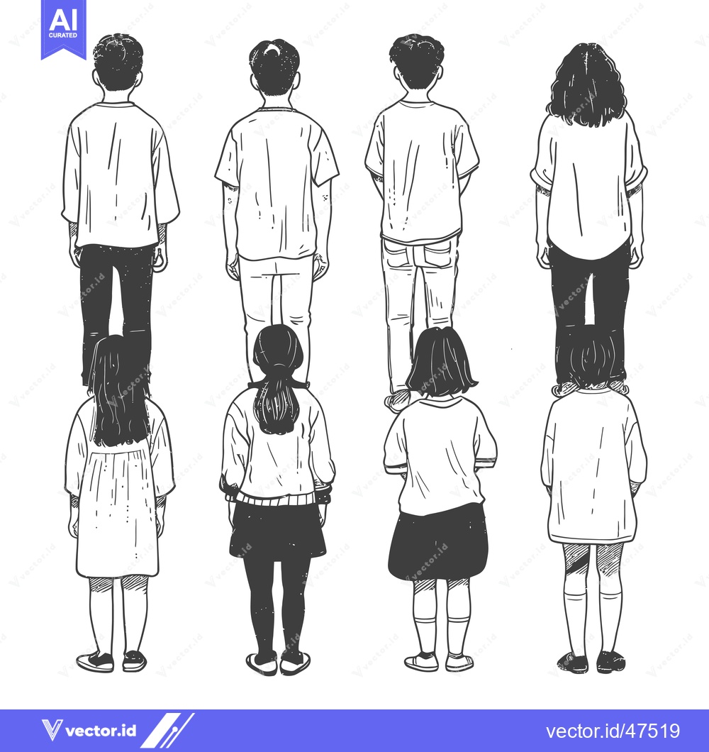 Premium Vector dari Hand-drawn sketch of six individuals standing in a line, facing away f