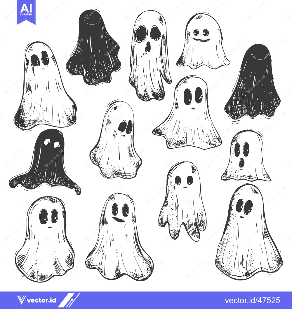 Premium Vector of Hand-drawn Sketch of Spooky Halloween Ghosts in Various Poses