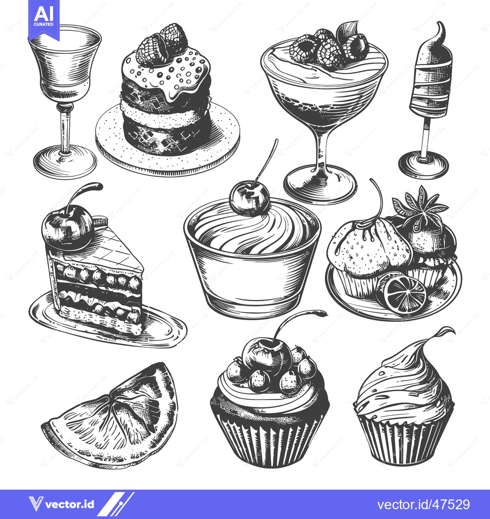 Premium Vector of Hand-Drawn Sketch of Sweet Treats and a Glass of Cocktail