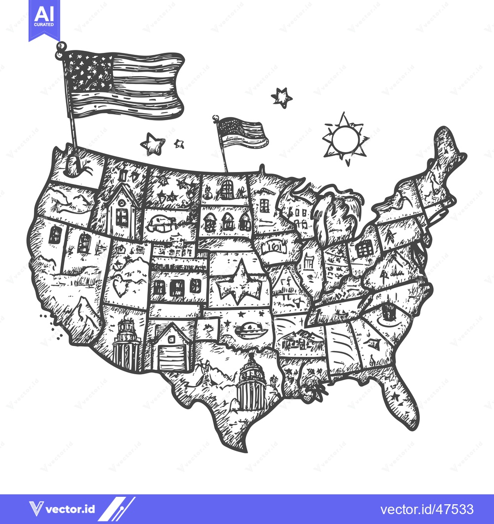 Premium Vector dari Hand-drawn Sketch of the United States Map with Patriotic Symbols