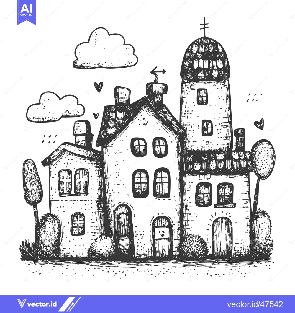 Premium Vector of Hand-Drawn Sketch of Three Cartoon Houses with a Cloudy Sky