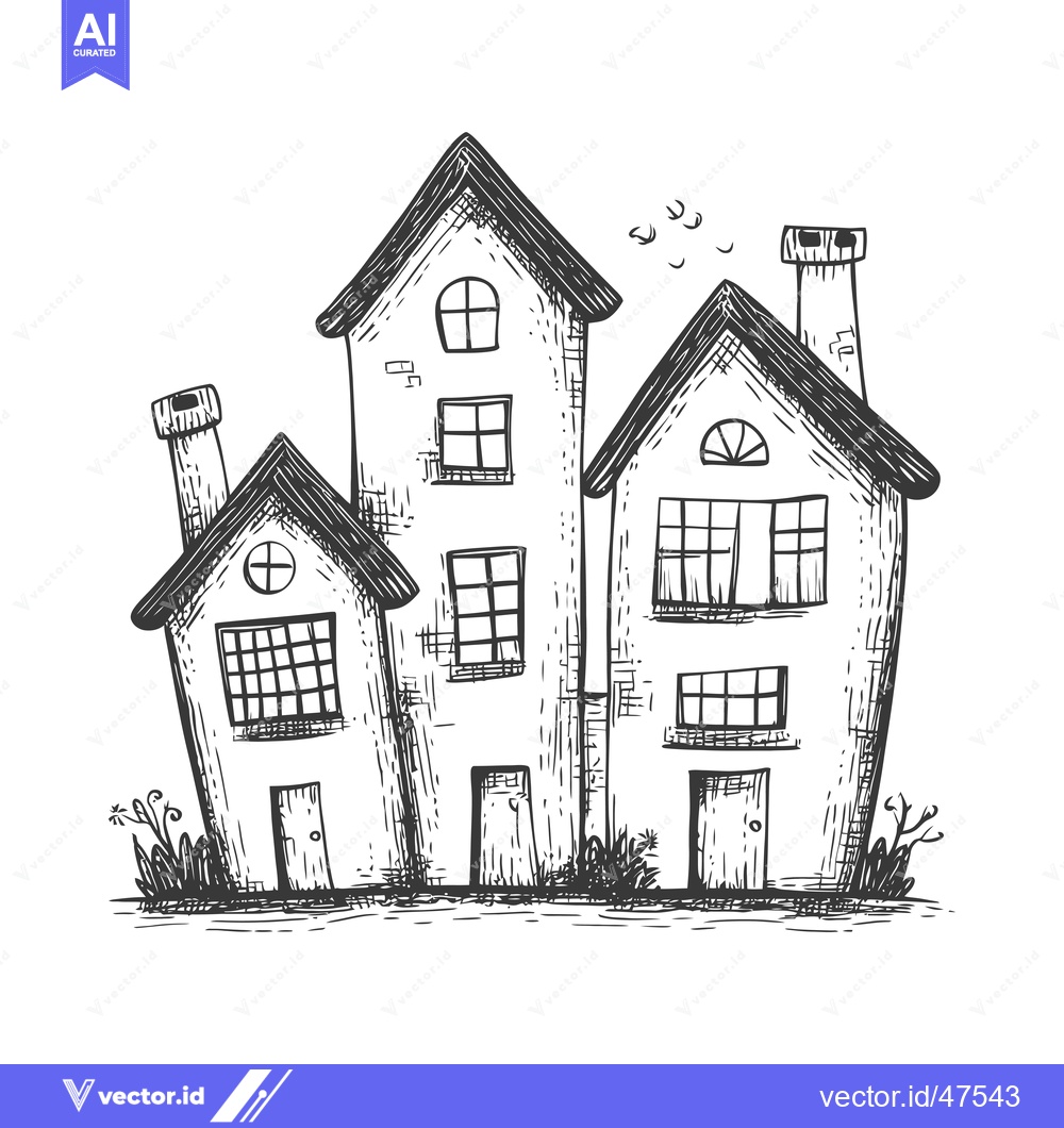 Premium Vector dari Hand-Drawn Sketch of Three Cartoon Houses with Chimneys