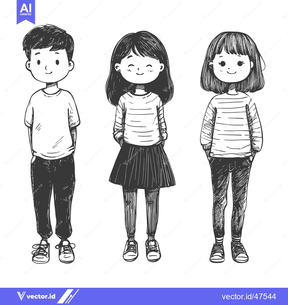 Premium Vector dari Hand-drawn sketch of three children standing side-by-side