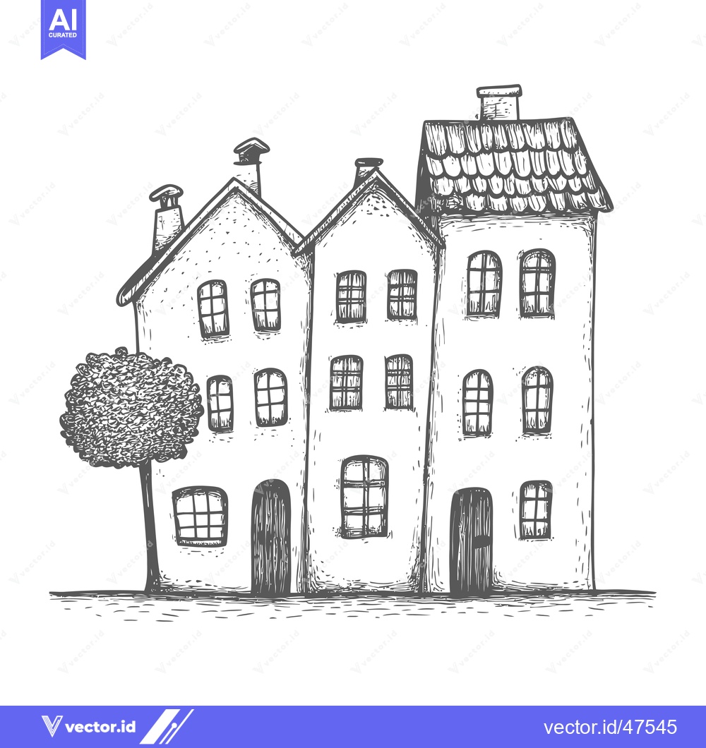 Premium Vector dari Hand-Drawn Sketch of Three Connected Houses with a Tree