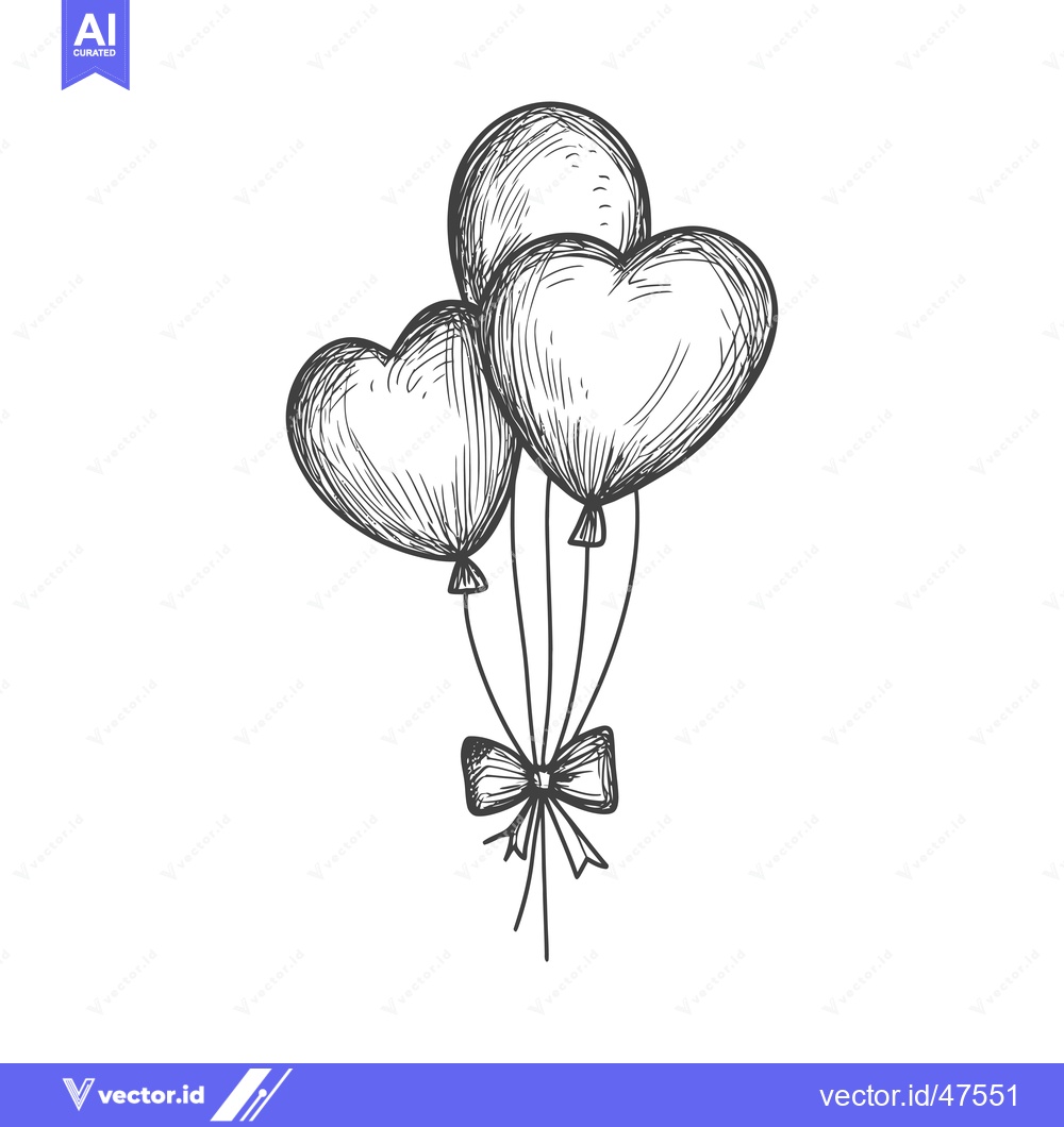 Premium Vector dari Hand-Drawn Sketch of Three Heart-Shaped Balloons Tied with a Bow