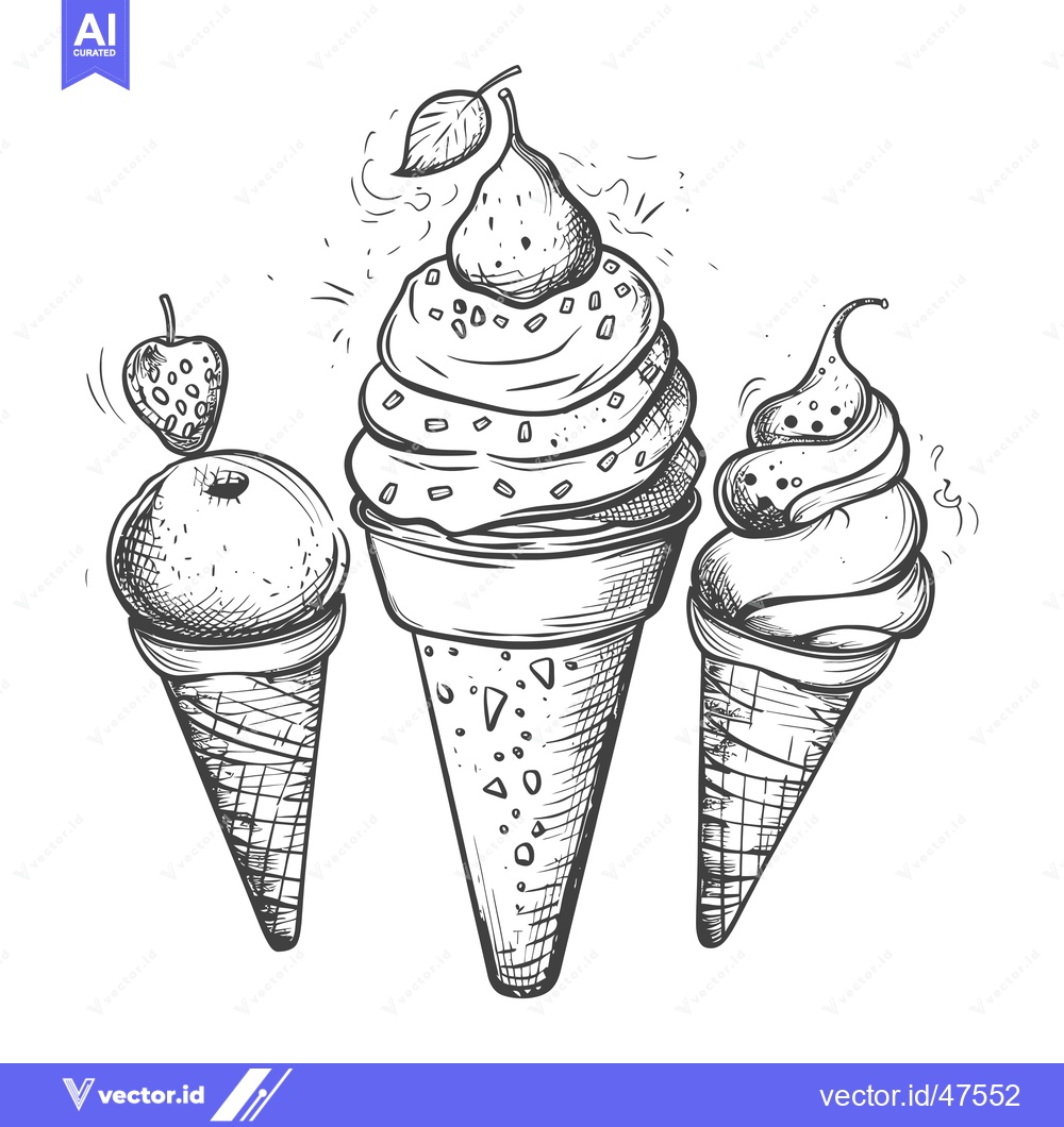 Premium Vector of Hand-Drawn Sketch of Three Ice Cream Cones with Toppings