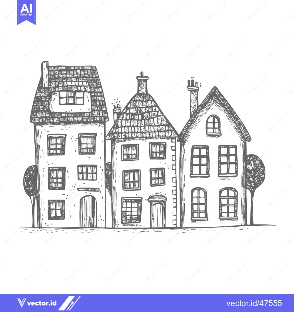 Premium Vector dari Hand-drawn sketch of three quaint houses with detailed windows and doo