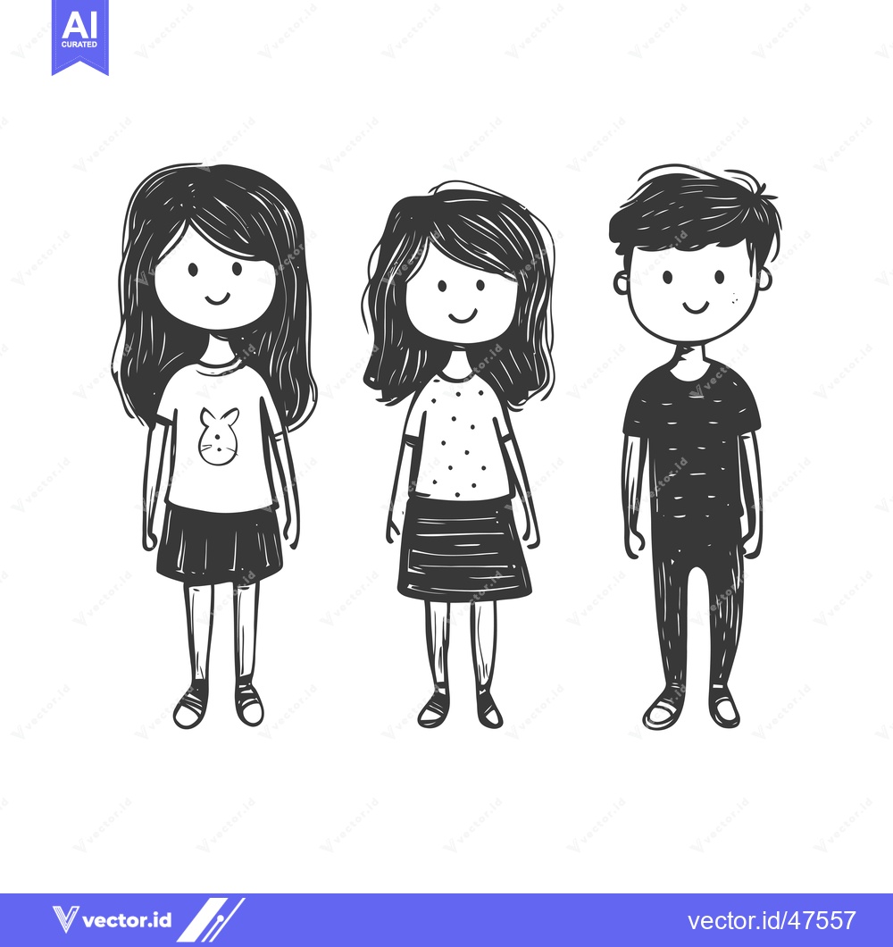 Premium Vector of Hand-drawn Sketch of Three Smiling Children
