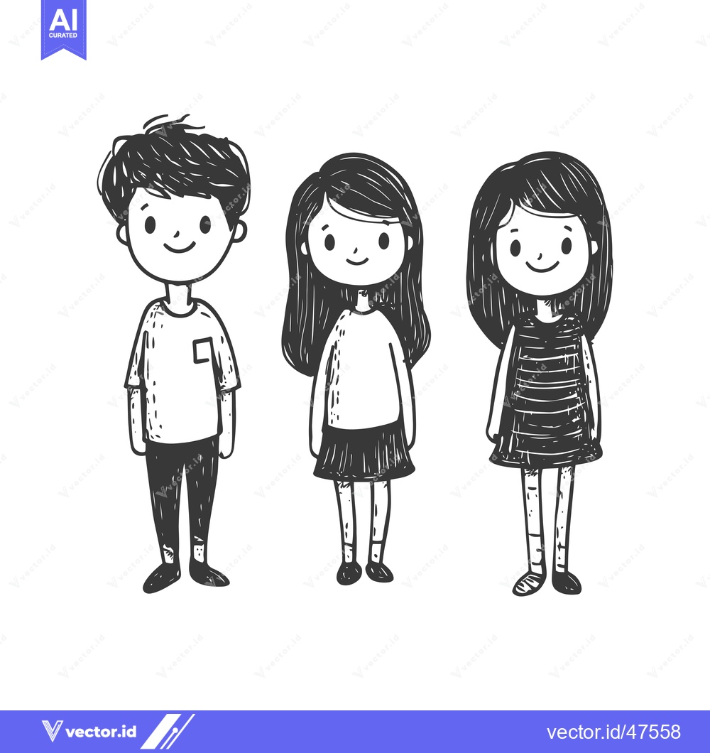 Premium Vector dari Hand-drawn Sketch of Three Smiling Children in Casual Outfits