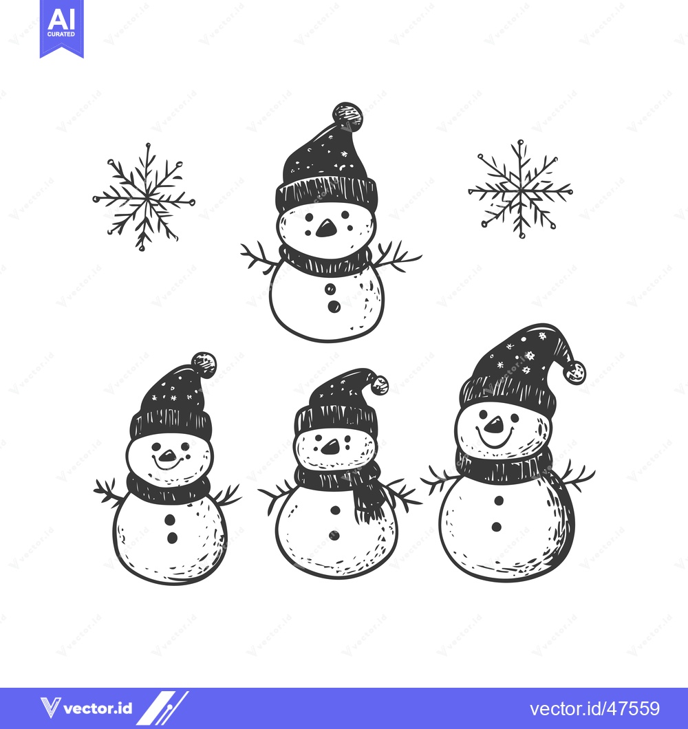 Premium Vector dari Hand-Drawn Sketch of Three Smiling Snowmen with Hats and Scarves