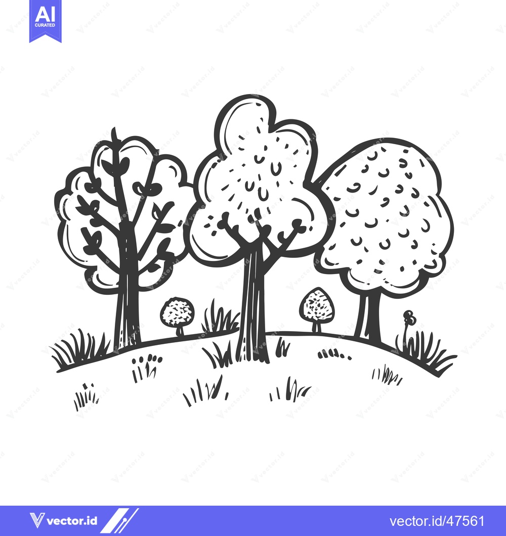 Premium Vector dari Hand-drawn Sketch of Three Trees and Grass in a Woodland Setting