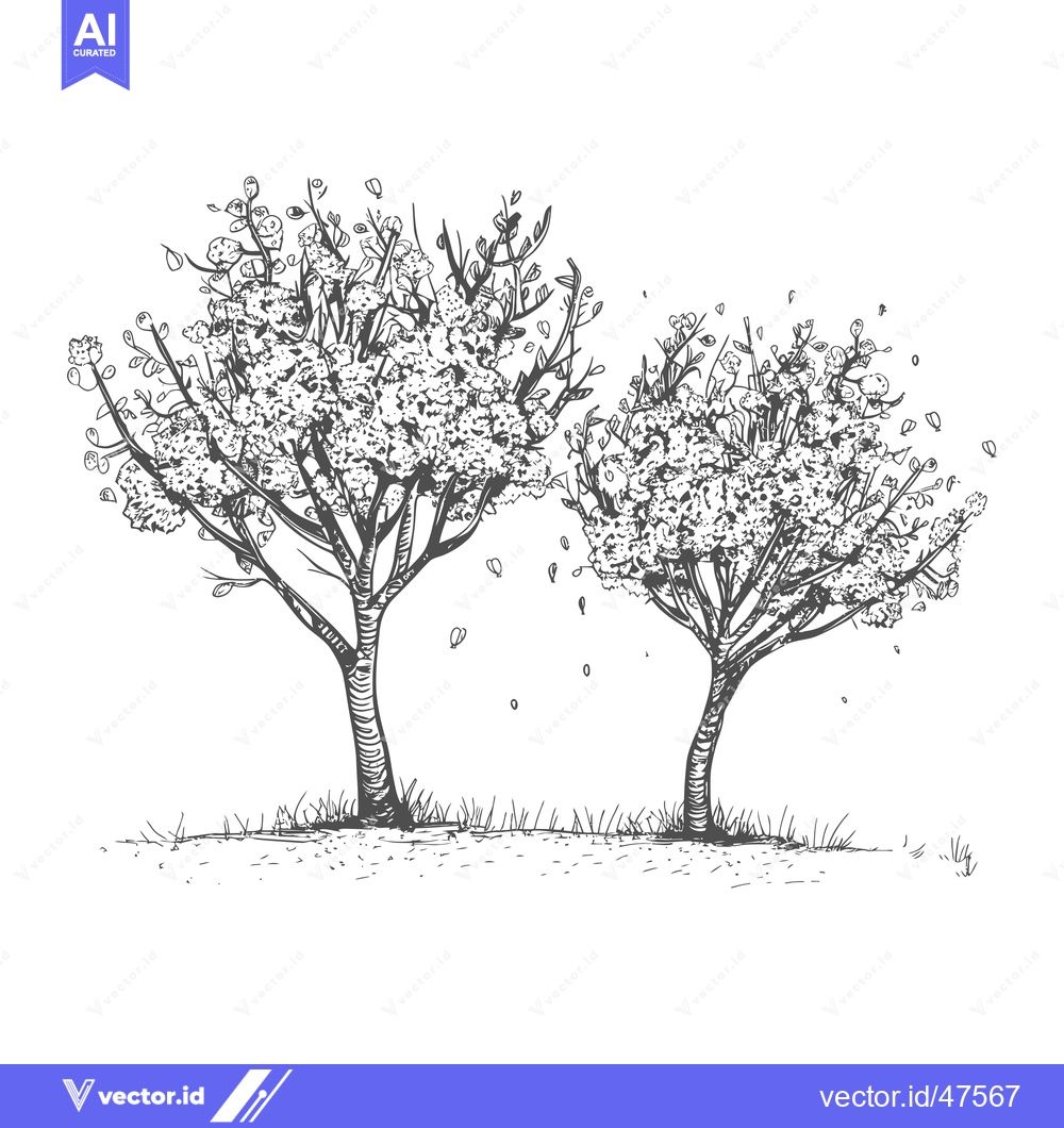 Premium Vector dari Hand-Drawn Sketch of Two Blooming Trees with Falling Petals