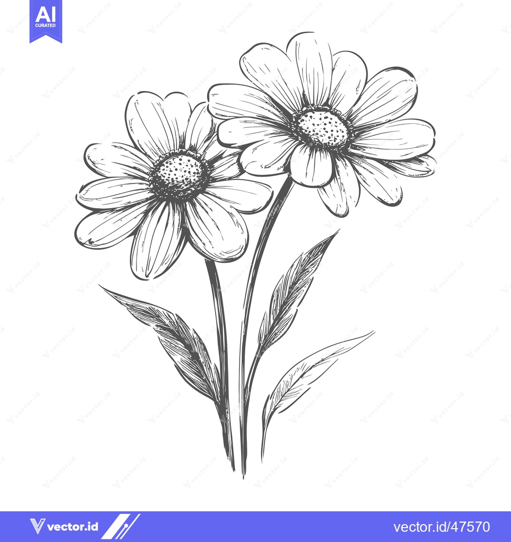 Premium Vector dari Hand-Drawn Sketch of Two Daisies with Stems and Leaves
