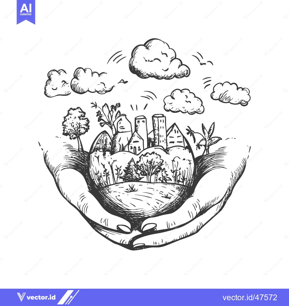 Premium Vector dari Hand-drawn Sketch of Two Hands Holding a Miniature Cityscape with Clou