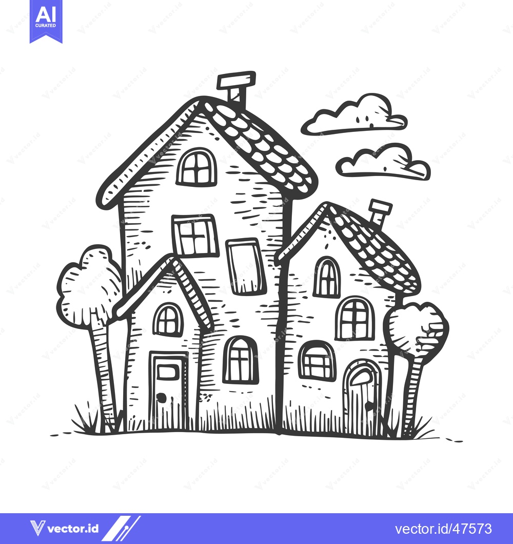 Premium Vector dari Hand-Drawn Sketch of Two Houses with Trees and Clouds