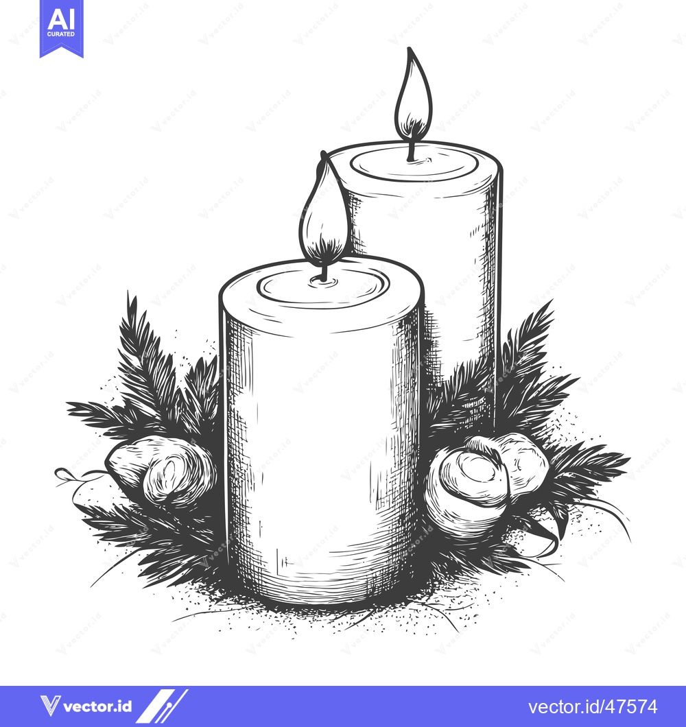 Premium Vector dari Hand-drawn Sketch of Two Lit Candles with Festive Greenery