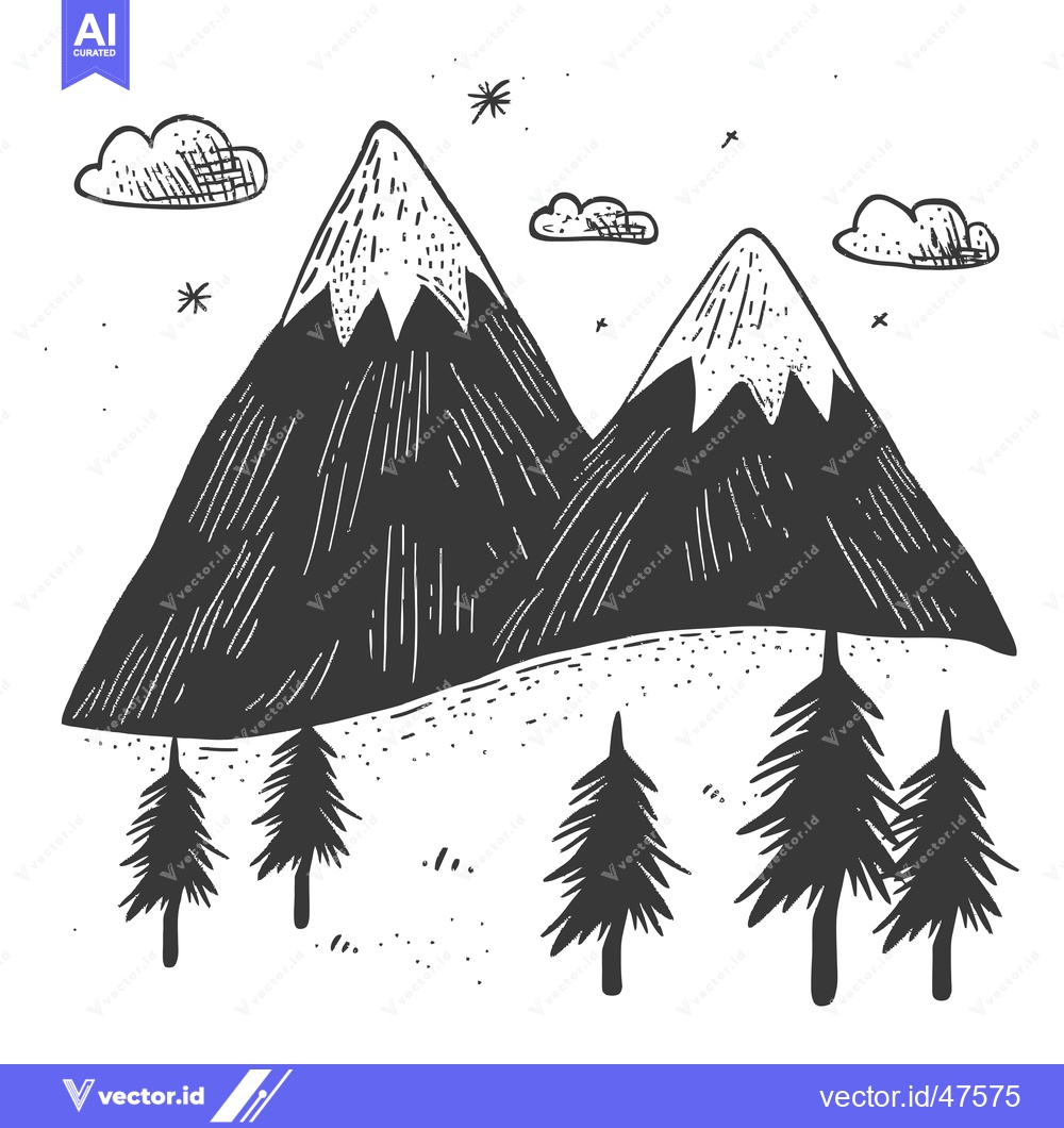 Premium Vector of Hand-Drawn Sketch of Two Mountain Peaks with Pine Trees